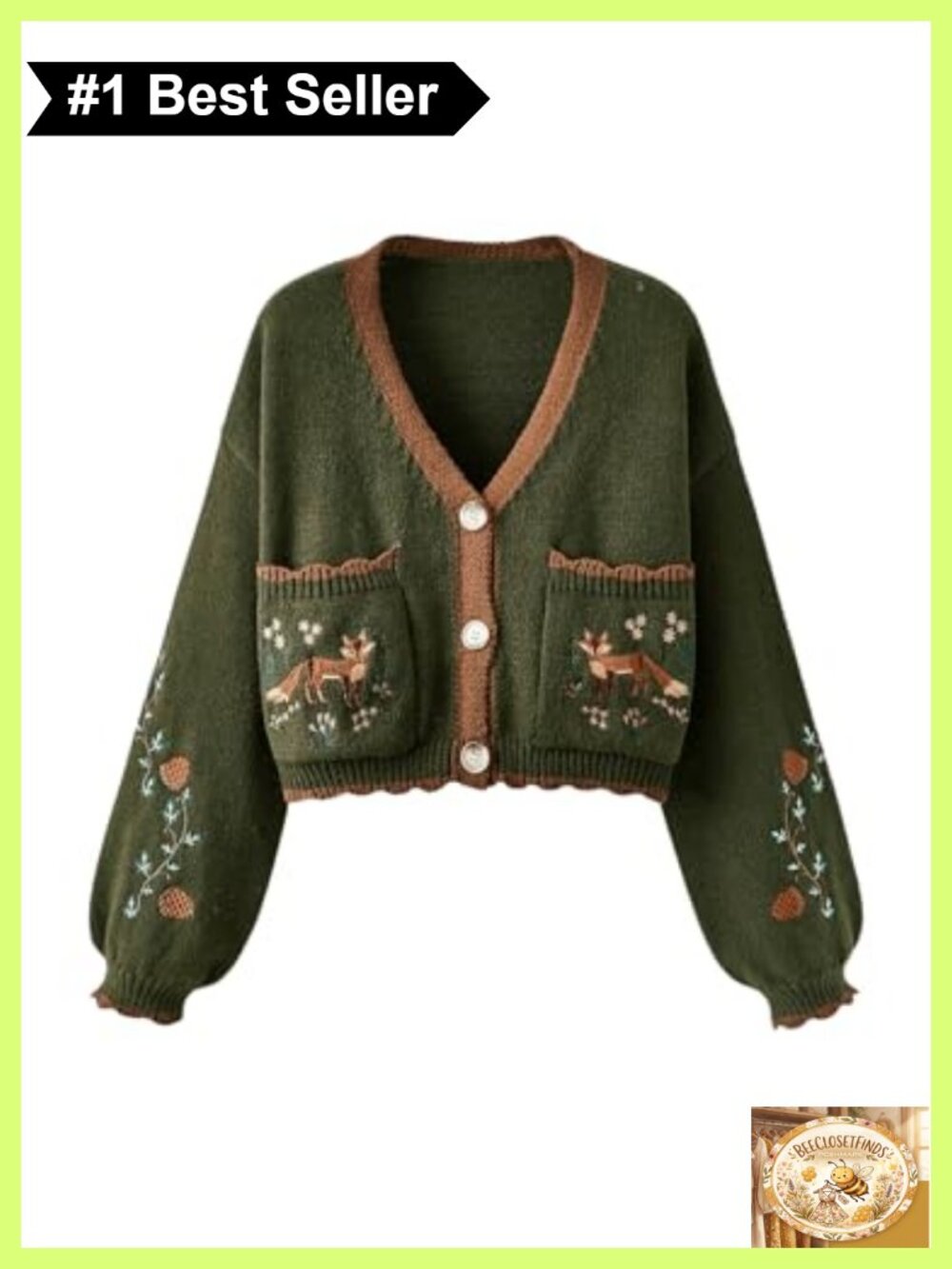 Cropped V-Neck Button Up Cardigan Loose Fit Floral Embroidery Fall Sweater